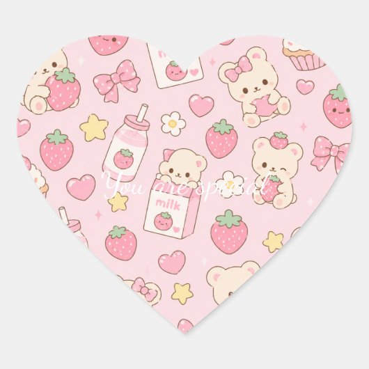 Cute Kawaii Teddy Bear Strawberry Pattern | Pink  ハートシール (正面)