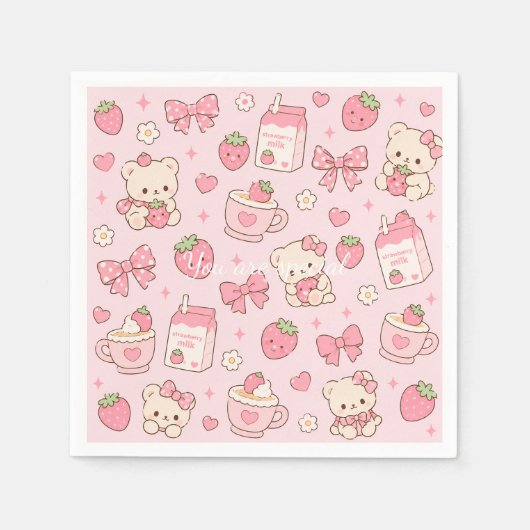 Cute Kawaii Teddy Bear Strawberry Pattern Sticker スタンダードカクテルナプキン (正面)