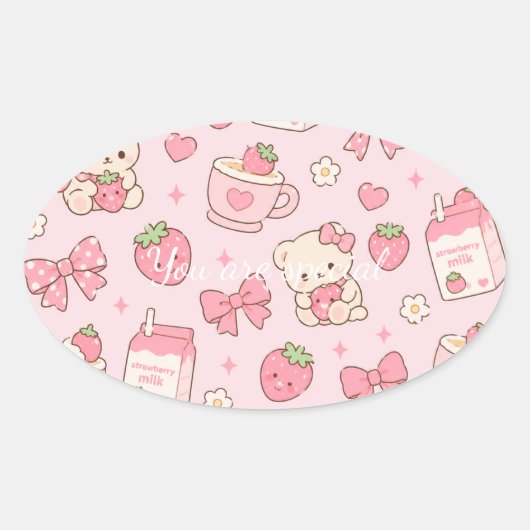 Cute Kawaii Teddy Bear Strawberry Pattern Sticker  楕円形シール (正面)