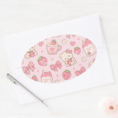 Cute Kawaii Teddy Bear Strawberry Pattern Sticker  楕円形シール (封筒)