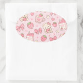 Cute Kawaii Teddy Bear Strawberry Pattern Sticker  楕円形シール (バッグ)