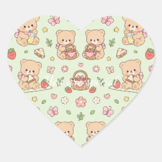 Cute Kawaii Teddy Bear Strawberry Picnic Pattern  ハートシール