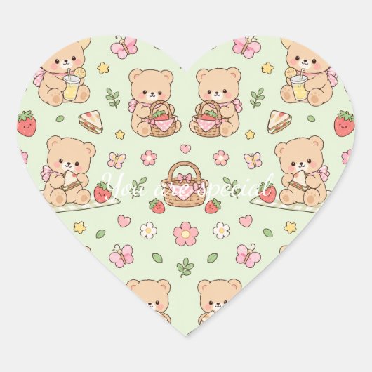 Cute Kawaii Teddy Bear Strawberry Picnic Pattern ハートシール (正面)