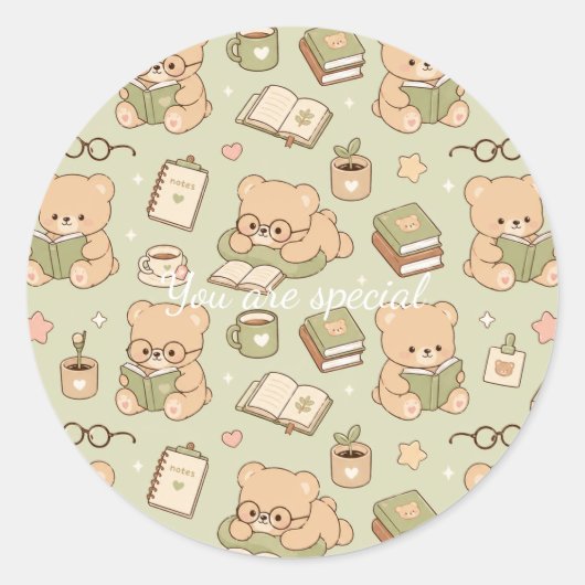 Cute Kawaii Teddy Bear Study Pattern | Cozy Readin ラウンドシール (正面)