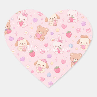 Cute Kawaii Teddy Bears & Strawberries Pattern  ハートシール