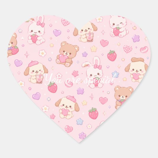 Cute Kawaii Teddy Bears & Strawberries Pattern ハートシール (正面)