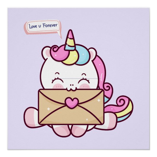 Cute Kawaii Unicorn Love Illustration ポスター (正面)
