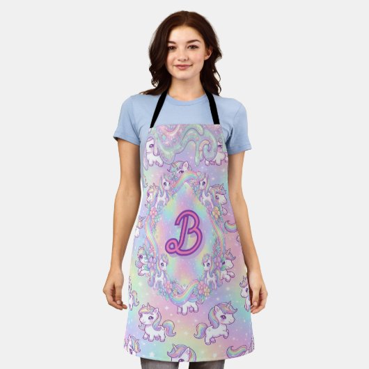 Cute Kawaii Unicorn Pastel Rainbow Magical エプロン (着用した状態)