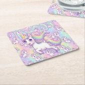 Cute Kawaii Unicorn Pastel Rainbow Magical スクエアペーパーコースター (アングル)