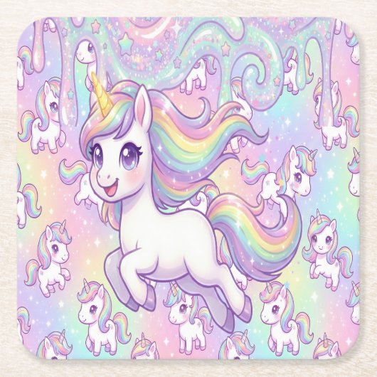 Cute Kawaii Unicorn Pastel Rainbow Magical スクエアペーパーコースター (正面)