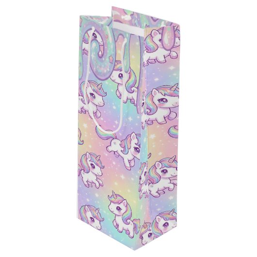 Cute Kawaii Unicorn Pastel Rainbow Magical ワインギフトバッグ (正面アングル)