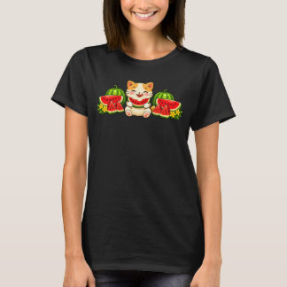 Cute Kawaii Watermelon Cat Summer Illustration Tシャツ