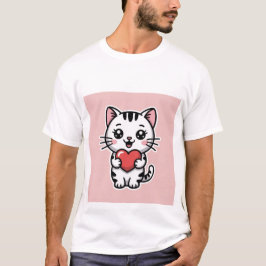 Cute Kawaii White Tabby Cat Holding Red Heart ✨❤️ Tシャツ