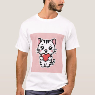 Cute Kawaii White Tabby Cat Holding Red Heart ✨❤️ Tシャツ
