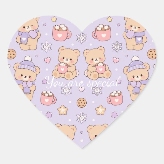 Cute Kawaii Winter Teddy Bear Pattern | Purple ハートシール (正面)