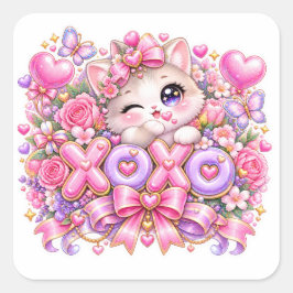 Cute Kawaii XOXO Cat Pastel Pink Romantic Love Sti スクエアシール