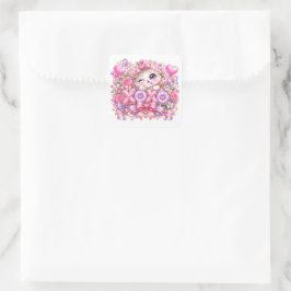 Cute Kawaii XOXO Cat Pastel Pink Romantic Love Sti スクエアシール
