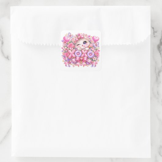 Cute Kawaii XOXO Cat Pastel Pink Romantic Love Sti スクエアシール (バッグ)