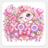 Cute Kawaii XOXO Cat Pastel Pink Romantic Love Sti スクエアシール (正面)