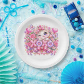 Cute Kawaii XOXO Cat Pastel Pink Romantic Love Sti ペーパープレート (パーティー)