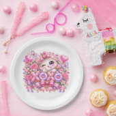 Cute Kawaii XOXO Cat Pastel Pink Romantic Love Sti ペーパープレート (パーティー)