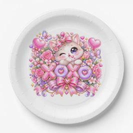 Cute Kawaii XOXO Cat Pastel Pink Romantic Love Sti ペーパープレート