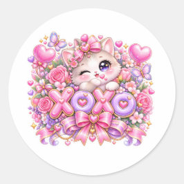 Cute Kawaii XOXO Cat Pastel Pink Romantic Love Sti ラウンドシール