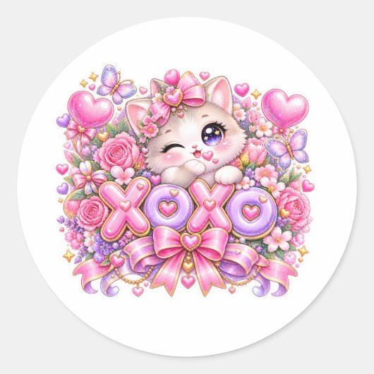 Cute Kawaii XOXO Cat Pastel Pink Romantic Love Sti ラウンドシール (正面)