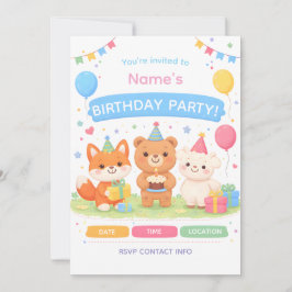Cute Kids Birthday Invitation | Pastel Animal Birt 招待状
