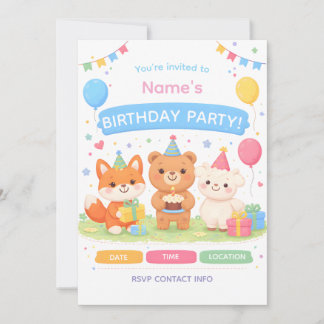Cute Kids Birthday Invitation | Pastel Animal Birt 招待状