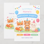Cute Kids Birthday Invitation | Pastel Animal Birt 招待状 (正面/裏面)