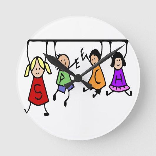 Cute Kids Cartoon Holding Speech Words ラウンド壁時計 (正面)