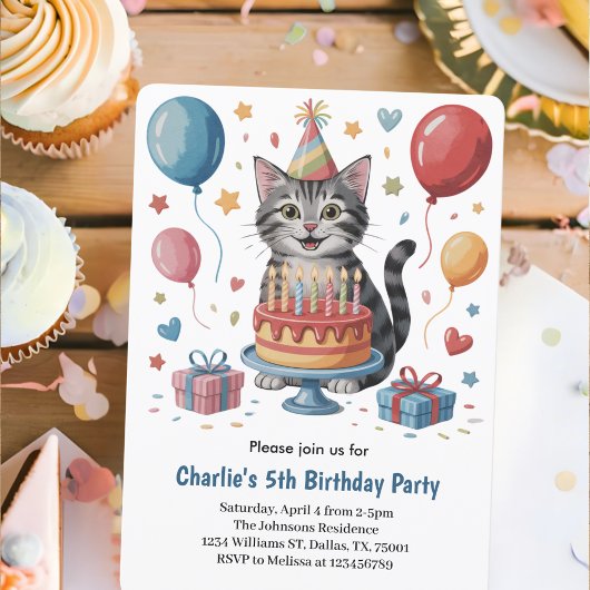 Cute Kids Cat Birthday Party 招待状