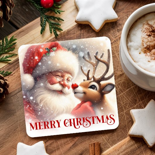 Cute Kids Christmas Coasters Santa Claus Rudolph スクエアペーパーコースター