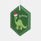 Cute Kids Christmas Dinosaur Green Personalized ガラスオーナメント (正面左)