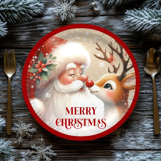 Cute Kids Christmas Plates Santa Claus Rudolph ペーパープレート