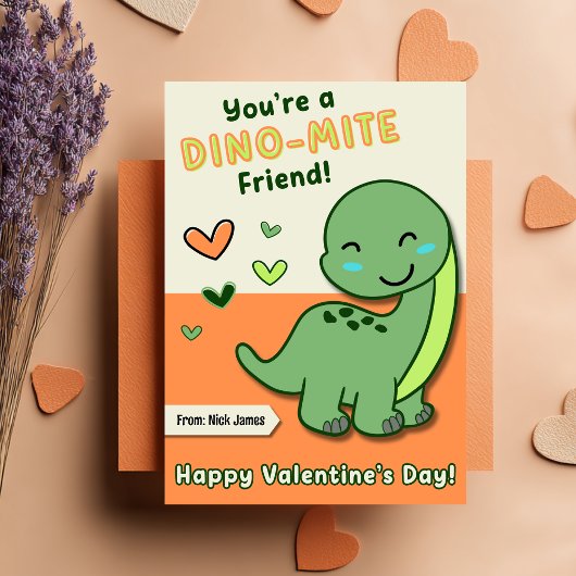 Cute Kids Dino Mite Friend Valentine's Day シーズンカード