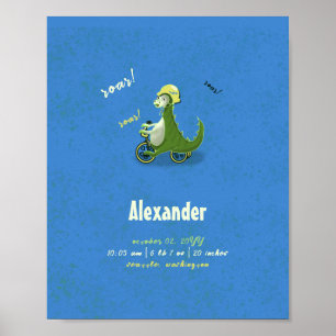 Cute Kids Green Dinosaur on Trike Boy Birth Stats ポスター