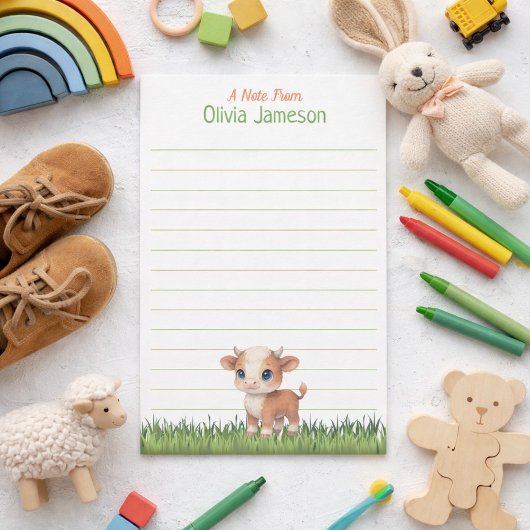 Cute Kid's Name Hereford Cow Lined Stationery 便箋