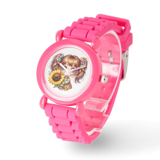 Cute Kids Pink Watch Adorable Cartoon Design  腕時計 (傾斜)