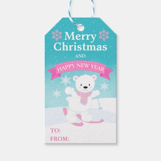 Cute Kids Polar Bear and Snowflakes Christmas ギフトタグ (正面)
