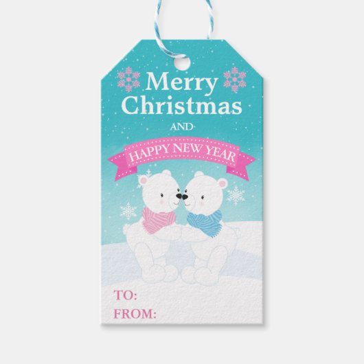 Cute Kids Polar Bears and Snowflakes Christmas ギフトタグ (正面)
