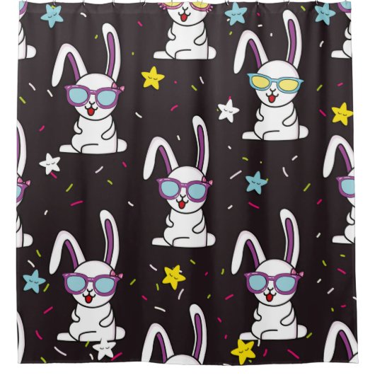 Cute kids rabbit pattern. Colorful rabbit, stars w シャワーカーテン (正面)