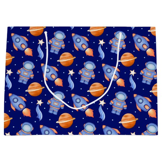 Cute Kids Rocket Ships & Astronaut ラージペーパーバッグ (正面)