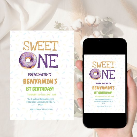 Cute kids Sweet One Donut 1st First Birthday  招待状