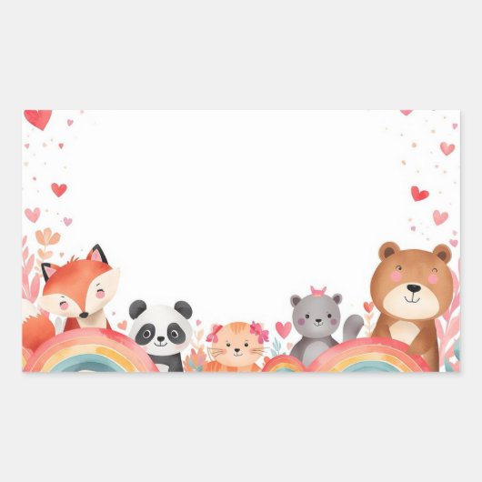 Cute Kids Valentine Stickers | Cartoon Animals 長方形シール (正面)