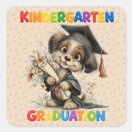 Cute Kindergarten Graduation Puppy Illustration スクエアシール (正面)