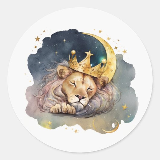 Cute  king Lion Sleeping On The Moon               ラウンドシール (正面)