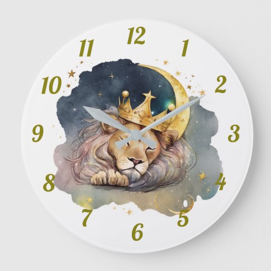 Cute  king Lion Sleeping On The Moon               ラージ壁時計 (正面)