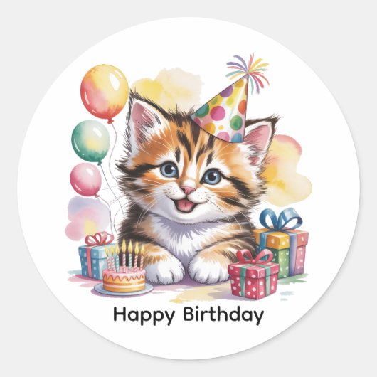 Cute Kitten Birthday Party ラウンドシール (正面)